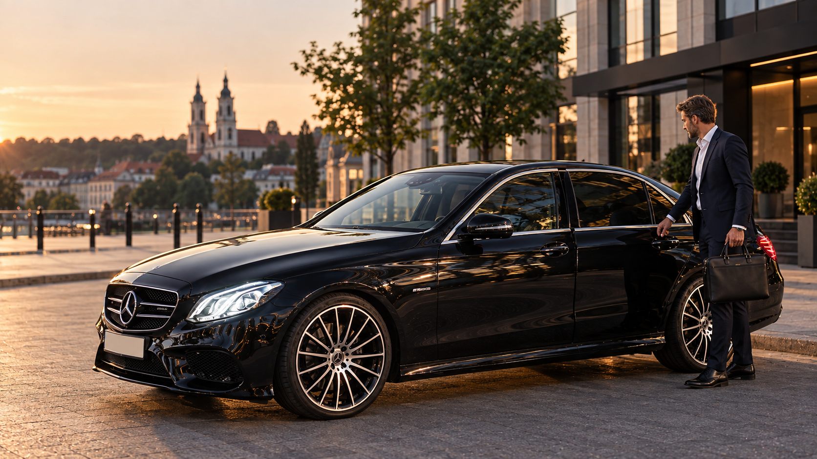 Juodas Mercedes-Benz sedanas ir verslo kostiumu vilkintis vyras prie automobilio saulėlydžio metu