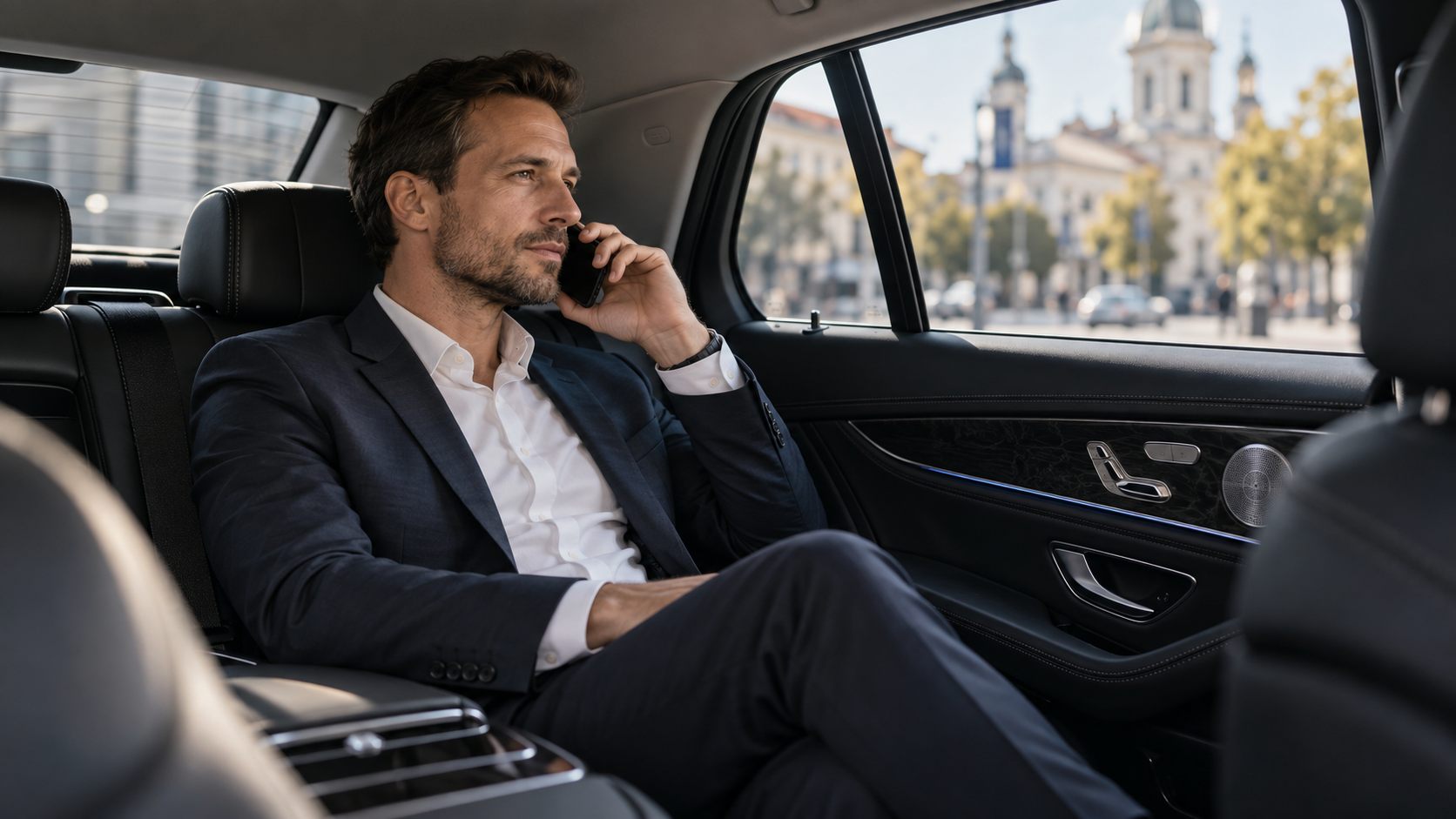 Verslo kostiumu vilkintis vyras kalba telefonu užpakalinėje Mercedes-Benz automobilio sėdynėje