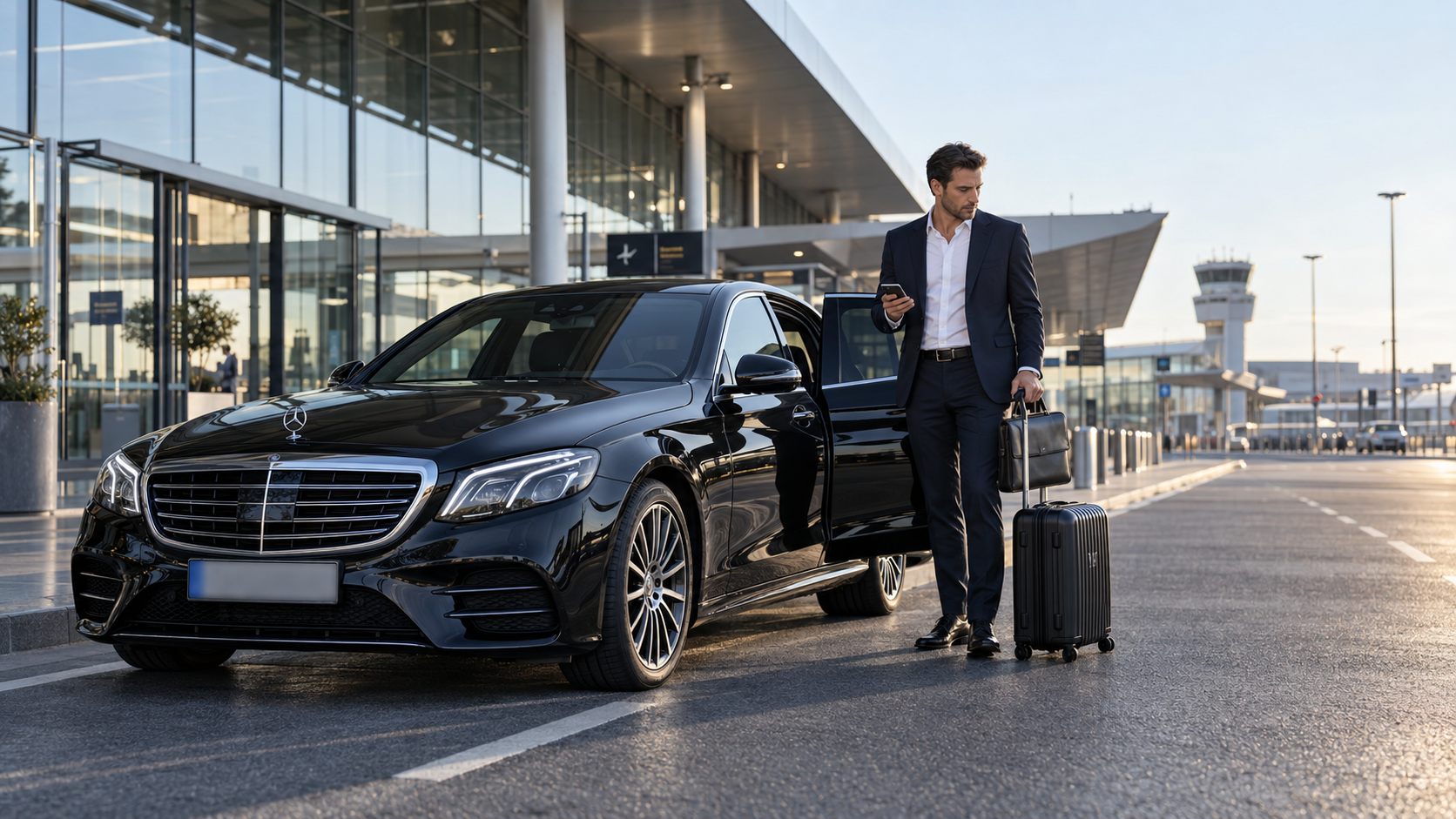 Verslo kelionių klientas su lagaminu prie juodo Mercedes-Benz automobilio oro uosto terminale